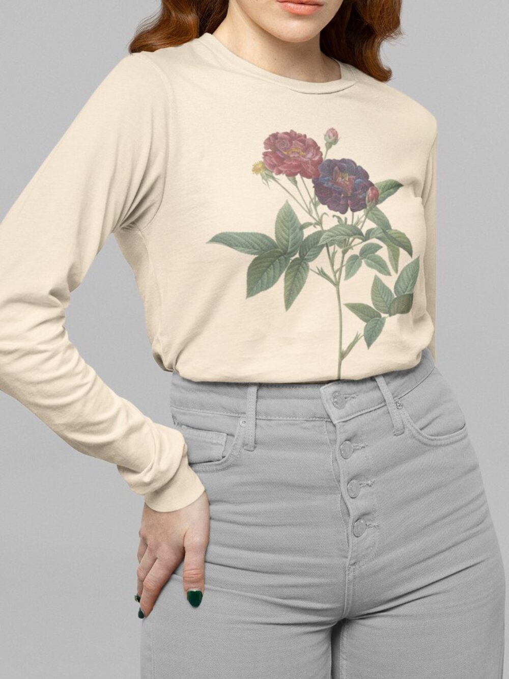 Rose Vintage Floral Print Long Sleeve Graphic Tee T-shirt S-XXL